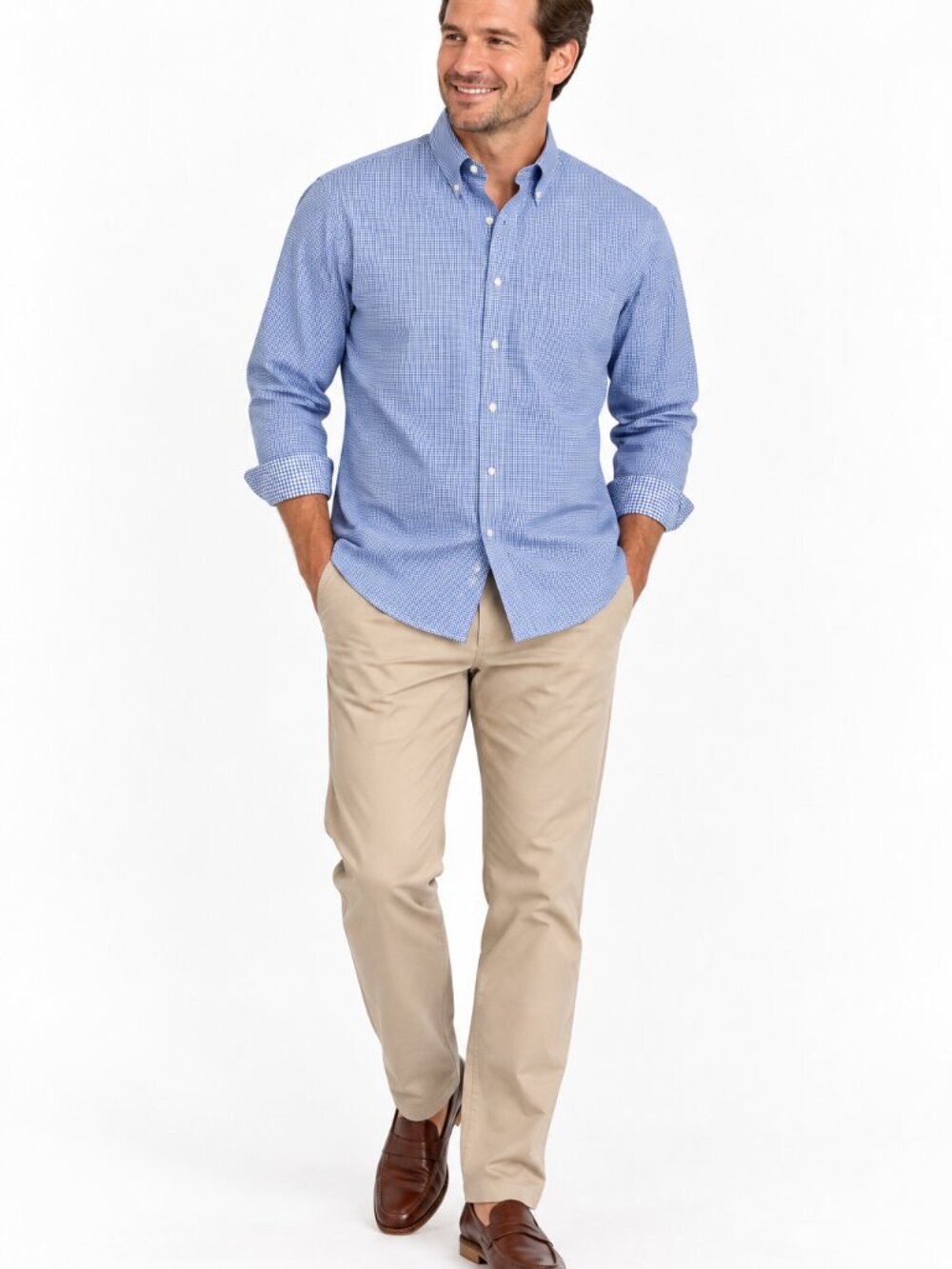 Tailor Byrd Mens L Blue White Gingham Cotton Button Down Shirt Long Sleeve